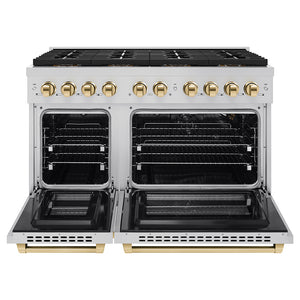 ZLINE Autograph 48" 6.7 cu. ft. Paramount Gas Range with 8 Burner DuoPro™ Cooktop and Dual Ovens in Stainless Steel and Polished Gold Accents, PSGRZ-48-G