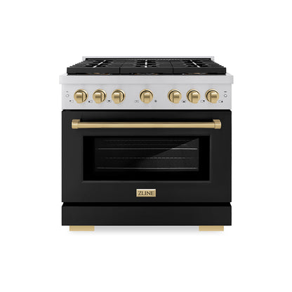 ZLINE Autograph 36" 5.2 cu. ft. Paramount Gas Range with 6 Burner DuoPro™ Cooktop and Convection Gas Oven with Black Matte Door and Champagne Bronze Accents, PSGRZ-BLM-36-CB