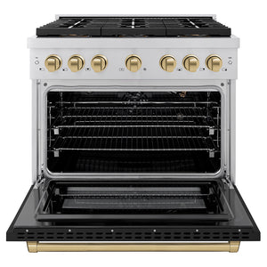 ZLINE Autograph 36" 5.2 cu. ft. Paramount Gas Range with 6 Burner DuoPro™ Cooktop and Convection Gas Oven with Black Matte Door and Champagne Bronze Accents, PSGRZ-BLM-36-CB