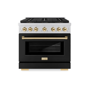 ZLINE Autograph 36" 5.2 cu. ft. Paramount Gas Range with 6 Burner DuoPro™ Cooktop and Convection Gas Oven with Black Matte Door and Polished Gold Accents, PSGRZ-BLM-36-G