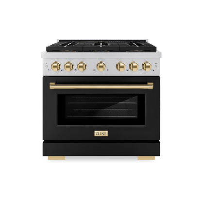 ZLINE Autograph 36" 5.2 cu. ft. Paramount Gas Range with 6 Burner DuoPro™ Cooktop and Convection Gas Oven with Black Matte Door and Polished Gold Accents, PSGRZ-BLM-36-G