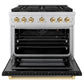 ZLINE Autograph 36" 5.2 cu. ft. Paramount Gas Range with 6 Burner DuoPro™ Cooktop and Convection Gas Oven with Black Matte Door and Polished Gold Accents, PSGRZ-BLM-36-G