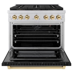 ZLINE Autograph 36" 5.2 cu. ft. Paramount Gas Range with 6 Burner DuoPro™ Cooktop and Convection Gas Oven with Black Matte Door and Polished Gold Accents, PSGRZ-BLM-36-G