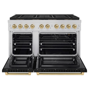 ZLINE Autograph 48" 6.7 cu. ft. Paramount Gas Range with 8 Burner DuoPro™ Cooktop and Dual Ovens with Black Matte Doors and Champagne Bronze Accents, PSGRZ-BLM-48-CB