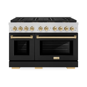 ZLINE Autograph 48" 6.7 cu. ft. Paramount Gas Range with 8 Burner DuoPro™ Cooktop and Dual Ovens with Black Matte Doors and Polished Gold Accents, PSGRZ-BLM-48-G