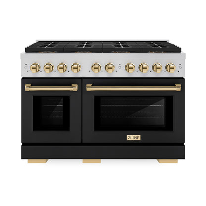 ZLINE Autograph 48" 6.7 cu. ft. Paramount Gas Range with 8 Burner DuoPro™ Cooktop and Dual Ovens with Black Matte Doors and Polished Gold Accents, PSGRZ-BLM-48-G