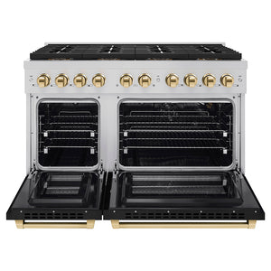 ZLINE Autograph 48" 6.7 cu. ft. Paramount Gas Range with 8 Burner DuoPro™ Cooktop and Dual Ovens with Black Matte Doors and Polished Gold Accents, PSGRZ-BLM-48-G