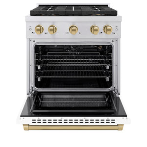 ZLINE Autograph Edition 30" 4.2 cu. ft. Paramount Gas Range with 4 Burner DuoPro™ Cooktop and Convection Gas Oven in Stainless Steel with White Matte Door and Champagne Bronze Accents, PSGRZ-WM-30-CB
