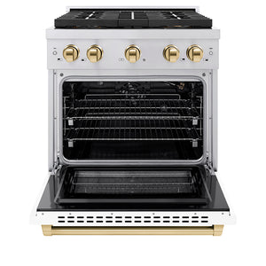ZLINE Autograph Edition 30" 4.2 cu. ft. Paramount Gas Range with 4 Burner DuoPro™ Cooktop and Convection Gas Oven in Stainless Steel with White Matte Door and Polished Gold Accents, PSGRZ-WM-30-G