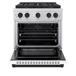ZLINE Autograph Edition 30" 4.2 cu. ft. Paramount Gas Range with 4 Burner DuoPro™ Cooktop and Convection Gas Oven in Stainless Steel with White Matte Door and Matte Black Accents, PSGRZ-WM-30-MB