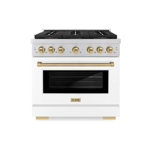 ZLINE Autograph 36" 5.2 cu. ft. Paramount Gas Range with 6 Burner DuoPro™ Cooktop and Convection Gas Oven with White Matte Door and Champagne Bronze Accents, PSGRZ-WM-36-CB