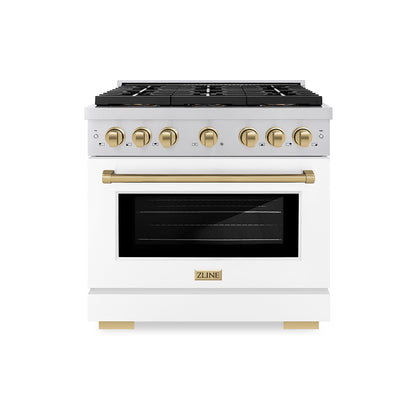 ZLINE Autograph 36" 5.2 cu. ft. Paramount Gas Range with 6 Burner DuoPro™ Cooktop and Convection Gas Oven with White Matte Door and Champagne Bronze Accents, PSGRZ-WM-36-CB