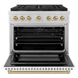 ZLINE Autograph 36" 5.2 cu. ft. Paramount Gas Range with 6 Burner DuoPro™ Cooktop and Convection Gas Oven with White Matte Door and Champagne Bronze Accents, PSGRZ-WM-36-CB