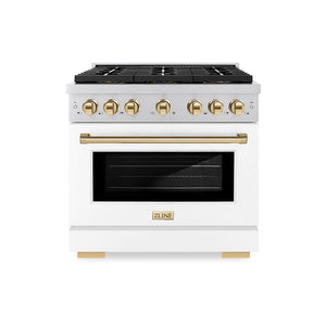 ZLINE Autograph 36" 5.2 cu. ft. Paramount Gas Range with 6 Burner DuoPro™ Cooktop and Convection Gas Oven with White Matte Door and Polished Gold Accents, PSGRZ-WM-36-G