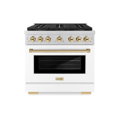 ZLINE Autograph 36" 5.2 cu. ft. Paramount Gas Range with 6 Burner DuoPro™ Cooktop and Convection Gas Oven with White Matte Door and Polished Gold Accents, PSGRZ-WM-36-G