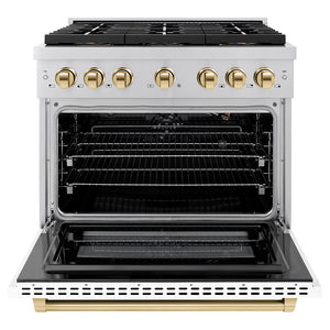 ZLINE Autograph 36" 5.2 cu. ft. Paramount Gas Range with 6 Burner DuoPro™ Cooktop and Convection Gas Oven with White Matte Door and Polished Gold Accents, PSGRZ-WM-36-G