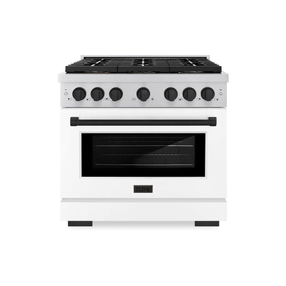 ZLINE Autograph 36" 5.2 cu. ft. Paramount Gas Range with 6 Burner DuoPro™ Cooktop and Convection Gas Oven with White Matte Door and Matte Black Accents, PSGRZ-WM-36-MB