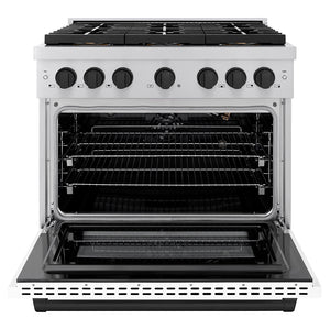 ZLINE Autograph 36" 5.2 cu. ft. Paramount Gas Range with 6 Burner DuoPro™ Cooktop and Convection Gas Oven with White Matte Door and Matte Black Accents, PSGRZ-WM-36-MB