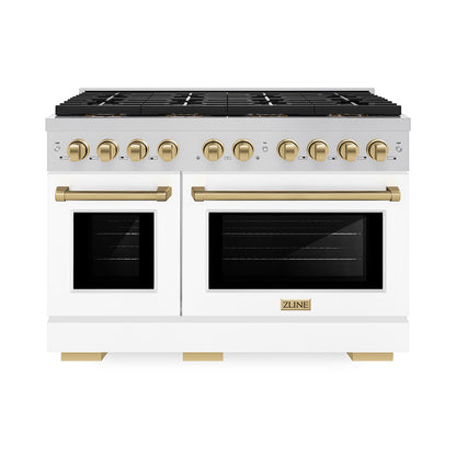ZLINE Autograph 48" 6.7 cu. ft. Paramount Gas Range with 8 Burner DuoPro™ Cooktop and Dual Ovens with White Matte Doors and Champagne Bronze Accents, PSGRZ-WM-48-CB