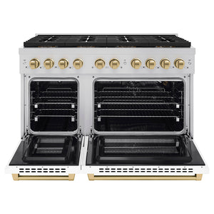ZLINE Autograph 48" 6.7 cu. ft. Paramount Gas Range with 8 Burner DuoPro™ Cooktop and Dual Ovens with White Matte Doors and Champagne Bronze Accents, PSGRZ-WM-48-CB