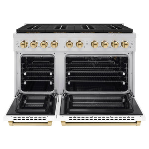 ZLINE Autograph 48" 6.7 cu. ft. Paramount Gas Range with 8 Burner DuoPro™ Cooktop and Dual Ovens with White Matte Doors and Polished Gold Accents, PSGRZ-WM-48-G