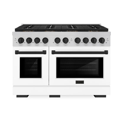 ZLINE Autograph 48" 6.7 cu. ft. Paramount Gas Range with 8 Burner DuoPro™ Cooktop and Dual Ovens with White Matte Doors and Matte Black Accents, PSGRZ-WM-48-MB
