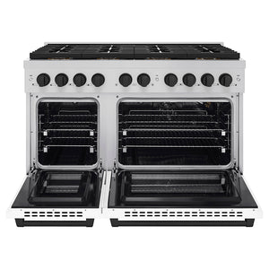 ZLINE Autograph 48" 6.7 cu. ft. Paramount Gas Range with 8 Burner DuoPro™ Cooktop and Dual Ovens with White Matte Doors and Matte Black Accents, PSGRZ-WM-48-MB