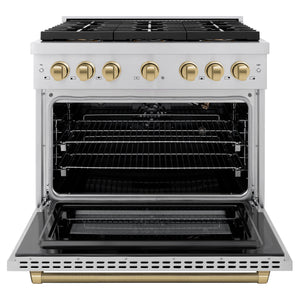 ZLINE Autograph 36" 5.2 cu. ft. Paramount Gas Range with 6 Burner DuoPro™ Cooktop and Convection Gas Oven in Stainless Steel with Champagne Bronze Helix Handle and Accents, PSGRZ-36-KCB