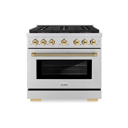ZLINE Autograph 36" 5.2 cu. ft. Paramount Gas Range with 6 Burner DuoPro™ Cooktop and Convection Gas Oven in Stainless Steel with Polished Gold Helix Handle and Accents, PSGRZ-36-KG