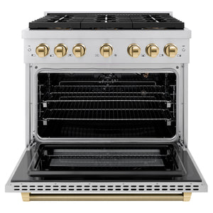 ZLINE Autograph 36" 5.2 cu. ft. Paramount Gas Range with 6 Burner DuoPro™ Cooktop and Convection Gas Oven in Stainless Steel with Polished Gold Helix Handle and Accents, PSGRZ-36-KG