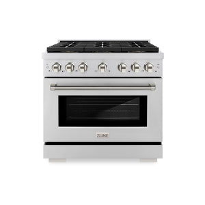ZLINE Autograph 36" 5.2 cu. ft. Paramount Gas Range with 6 Burner DuoPro™ Cooktop and Convection Gas Oven in Stainless Steel with Polished Nickel Helix Handle and Accents, PSGRZ-36-KPN
