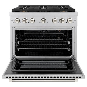 ZLINE Autograph 36" 5.2 cu. ft. Paramount Gas Range with 6 Burner DuoPro™ Cooktop and Convection Gas Oven in Stainless Steel with Polished Nickel Helix Handle and Accents, PSGRZ-36-KPN