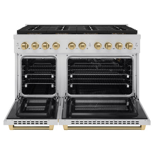 ZLINE Autograph 48" 6.7 cu. ft. Paramount Gas Range with 8 Burner DuoPro™ Cooktop and Dual Ovens in Stainless Steel with Champagne Bronze Helix Handles and Accents, PSGRZ-48-KCB