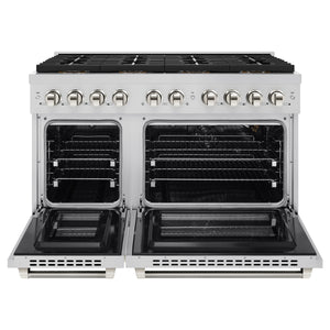 ZLINE Autograph 48" 6.7 cu. ft. Paramount Gas Range with 8 Burner DuoPro™ Cooktop and Dual Ovens in Stainless Steel with Polished Nickel Helix Handles and Accents, PSGRZ-48-KPN