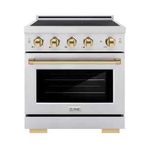 ZLINE Autograph 30" 4.2 cu. ft. Induction Range with 4 Element Cooktop and Electric Oven in Stainless Steel and Polished Gold Accents, SINRZ-30-G