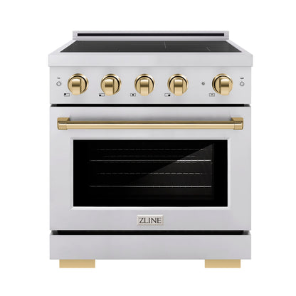 ZLINE Autograph 30" 4.2 cu. ft. Induction Range with 4 Element Cooktop and Electric Oven in Stainless Steel and Polished Gold Accents, SINRZ-30-G