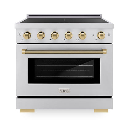 ZLINE Autograph Edition 36" 5.2 cu. ft. Paramount Induction Range with 5 Element Cooktop and Electric Convection Oven in Stainless Steel with Champagne Bronze Helix Handle and Knob Accents, SINRZ-36-KCB