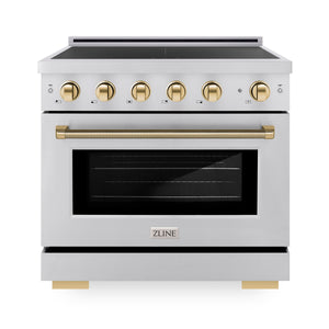 ZLINE Autograph Edition 36" 5.2 cu. ft. Paramount Induction Range with 5 Element Cooktop and Electric Convection Oven in Stainless Steel with Polished Gold Helix Handle and Knob Accents, SINRZ-36-KG