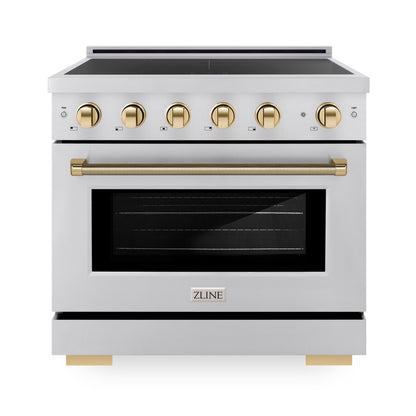 ZLINE Autograph Edition 36" 5.2 cu. ft. Paramount Induction Range with 5 Element Cooktop and Electric Convection Oven in Stainless Steel with Polished Gold Helix Handle and Knob Accents, SINRZ-36-KG