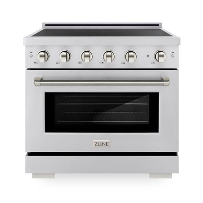 ZLINE Autograph Edition 36" 5.2 cu. ft. Paramount Induction Range with 5 Element Cooktop and Electric Convection Oven in Stainless Steel with Polished Nickel Helix Handle and Knob Accents, SINRZ-36-KPN