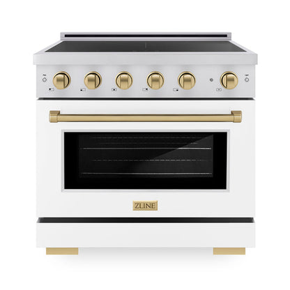 ZLINE Autograph Edition 36" 5.2 cu. ft. Paramount Induction Range with 5 Element Cooktop and Electric Convection Oven in Stainless Steel with White Matte Door and Champagne Bronze Accents, SINRZ-WM-36-CB