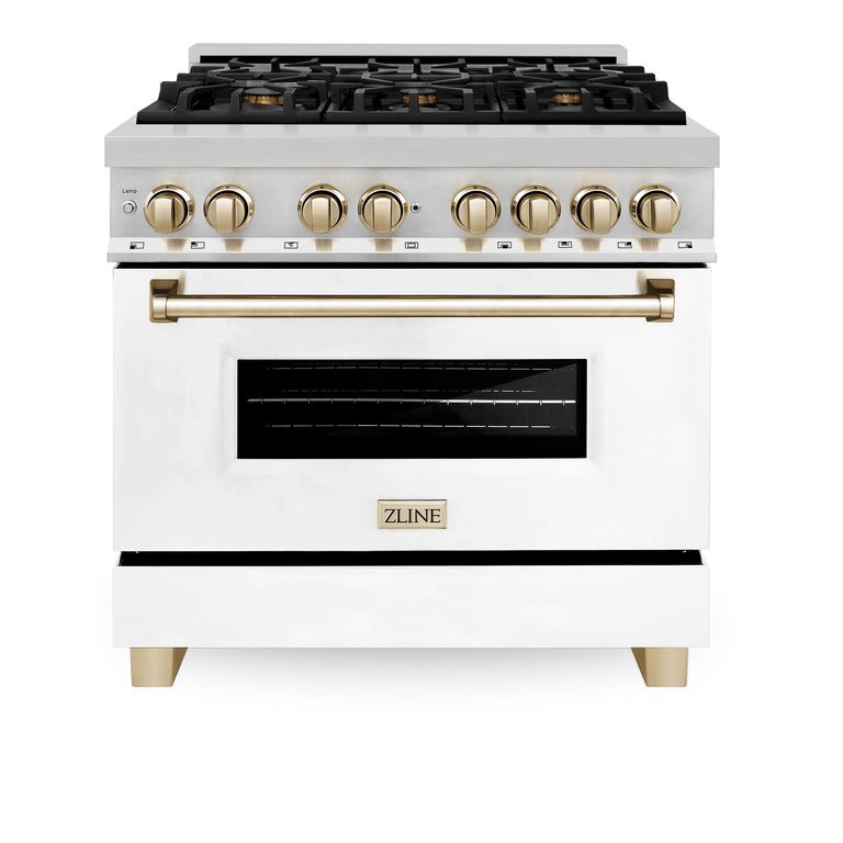 ZLINE Autograph Edition 36 in. 4.6 cu. ft. Dual Fuel Range with Gas Stove/Electric Oven with White Matte Door and Gold Accents, RAZ-WM-36-G