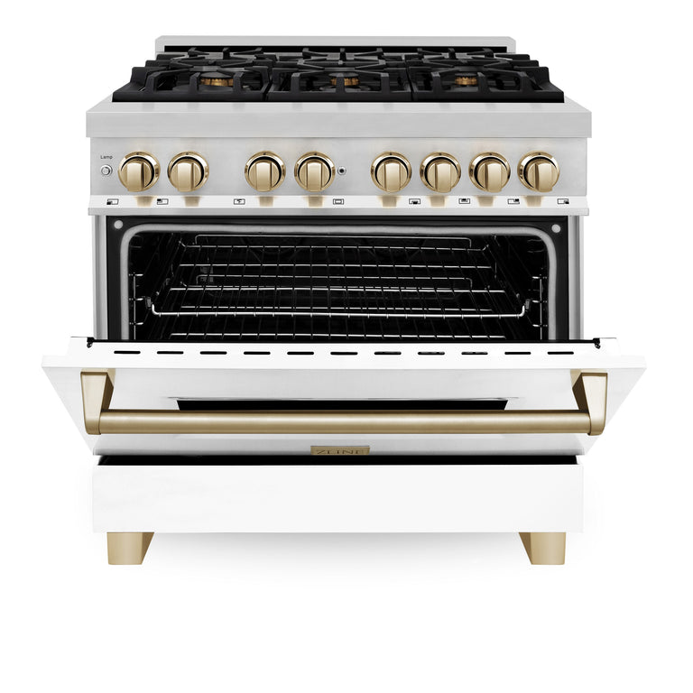 ZLINE Autograph Edition 36 in. 4.6 cu. ft. Dual Fuel Range with Gas Stove/Electric Oven with White Matte Door and Gold Accents, RAZ-WM-36-G
