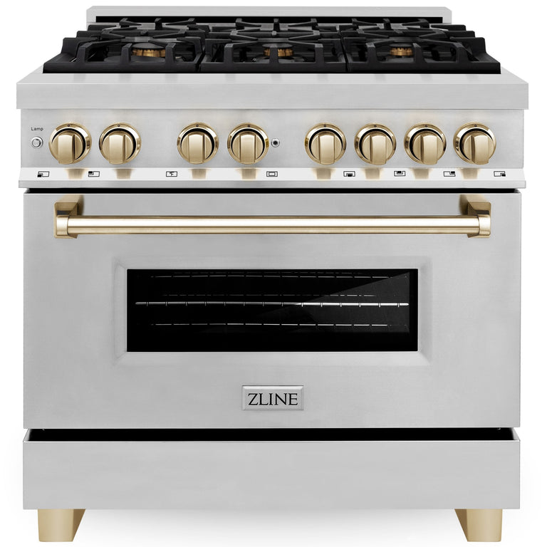 ZLINE Kitchen and Bath Autograph Edition 36 In. Range with Gas Stove and Electric Oven in Stainless Steel with Gold Accent, RAZ-36-G