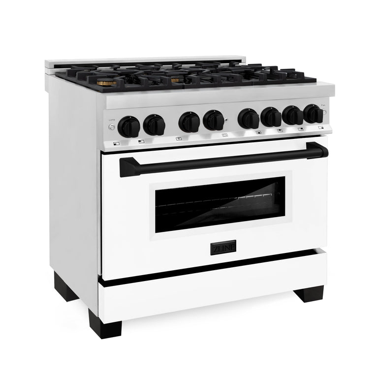 ZLINE Autograph Edition 36 in. 4.6 cu. ft. Dual Fuel Range with Gas Stove/Electric Oven with White Matte Door and Matte Black Accents, RAZ-WM-36-MB