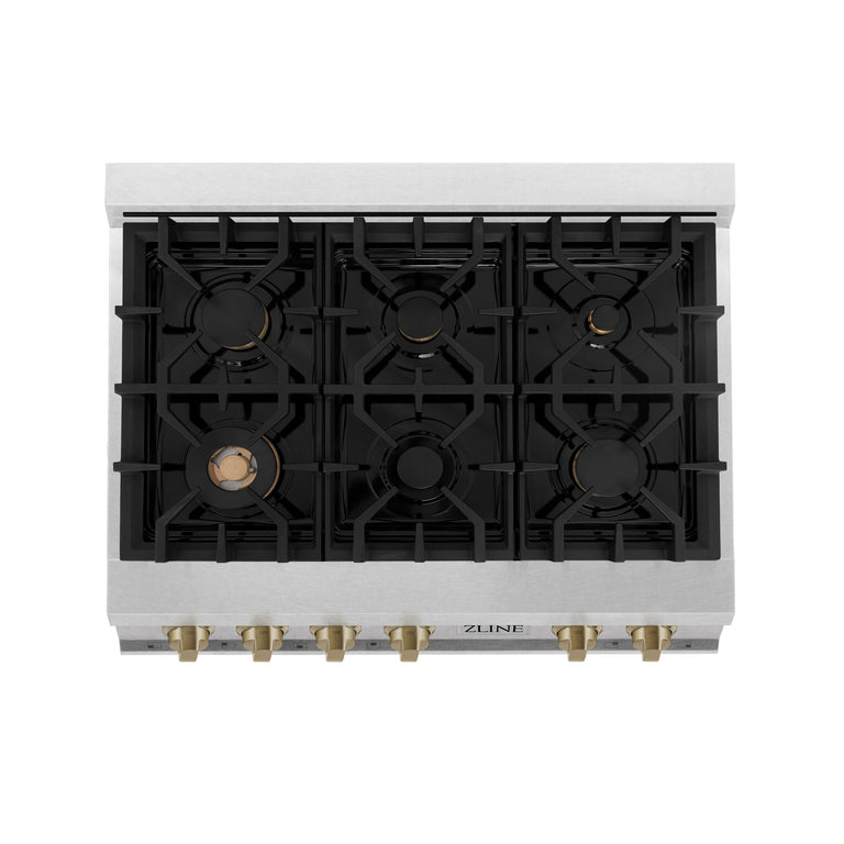 ZLINE Autograph Edition 36 In. Rangetop with 6 Gas Burners in DuraSnow® Stainless Steel and Champagne Bronze Accents, RTSZ-36-CB