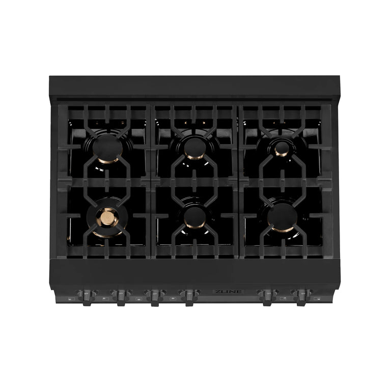 ZLINE Appliance Package - 36" Rangetop With 6 Gas Burners, Range Hood In Black Stainless Steel, 2KP-RTBRH36