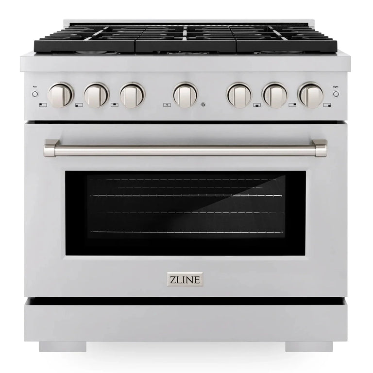 ZLINE Appliance Package - 36" Gas Range, 36" Range Hood, Microwave Drawer, 3 Rack Dishwasher, Refrigerator, 5KPR-SGRRH36-MWDWV