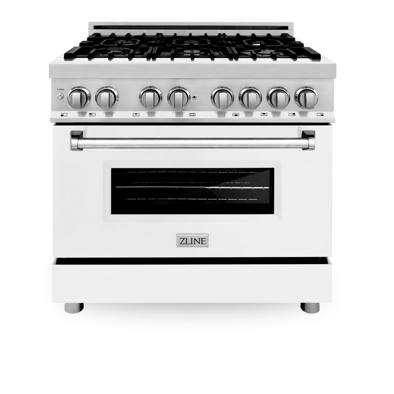 ZLINE 36" 4.6 cu. ft. Gas Burner, Electric Oven with Griddle and White Matte Door in Stainless Steel, RA-WM-GR-36