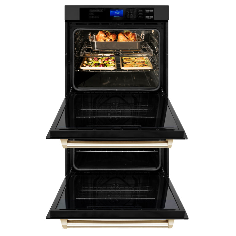 ZLINE 30 In. Autograph Edition Double Wall Oven with Self Clean and True Convection in Black Stainless Steel and Gold, AWDZ-30-BS-G